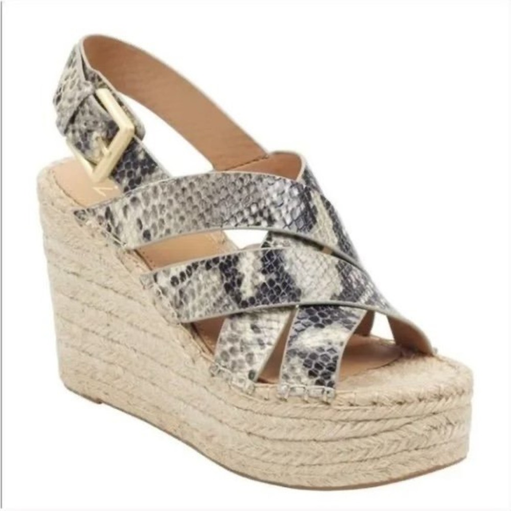Marc Fisher Alenni Snakeskin Espadrille Wedge Sandals Grey Black Leather 9.5 M